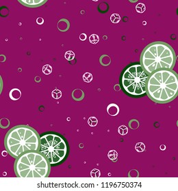 Fruit pattern with lemon and orange, ice cubes and mint leaves. Cold cocktail with lemon. Freshness.
