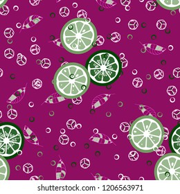 Fruit pattern with lemon and orange, ice cubes and mint leaves. Cold cocktail with lemon. Freshness.