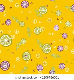 Fruit pattern with lemon and orange, ice cubes and mint leaves. Cold cocktail with lemon. Freshness.