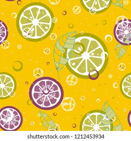 Fruit pattern with lemon and orange, ice cubes and mint leaves. Cold cocktail with lemon. Freshness.