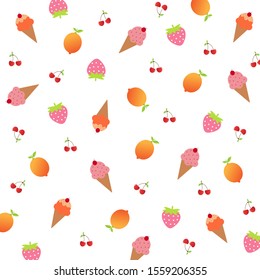 Fruit pattern (lemon ,strawberry ,cherry) and ice cream cone isolated on white background.Design for print screen backdrop ,Fabric and tile wallpaper.Cartoon fruits.Summer concept.