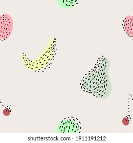 Fruit pattern. Modern style. Banana, cherry, pear, apple, strawberry.