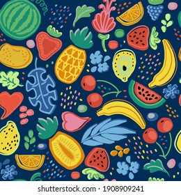 fruit pattern on a dark blue background. Suitable for website design of healt food stores, printing on textiles, packaging. EPS10