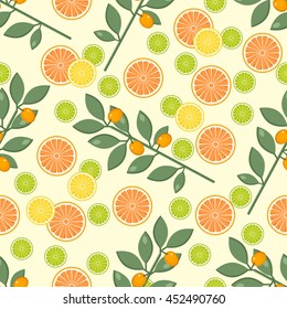Fruit pattern on a yellow background with orange, lime and lemon.