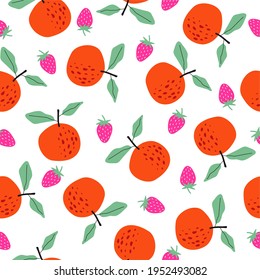 Fruit pattern, Oranges, pink strawberries and green leaves, seamless print, ideal for decoration, application on fabric or paper