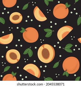 Patrón de frutas de melocotones sobre fondo negro, ilustración vectorial