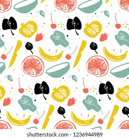 Fruit pattern with pear, banana, citrus and pomegranate. Healthy lifestyle eating. Farmers market. Blue, red and yellow