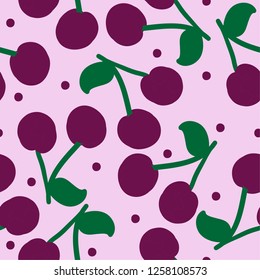 Fruit pattern. Pink background, Mature cherry, cherry. Good for packaging, postcards, textiles