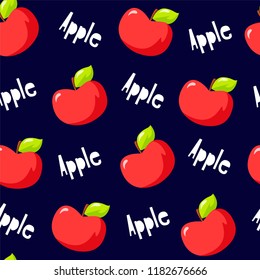 Fruit pattern with red apples and text on black background. Vector.