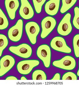 Fruit pattern. Ripe avocado, purple background. Healthy food. Good for packaging, banner, postcards. Simple seamless pattern.