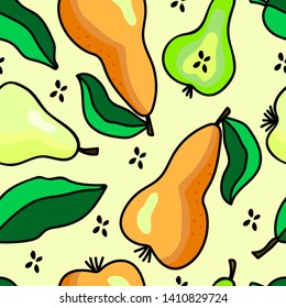 Fruit pattern with ripe bright pears on a light background. For textile, fabric, background, wrapping paper, Wallpaper, postcards.