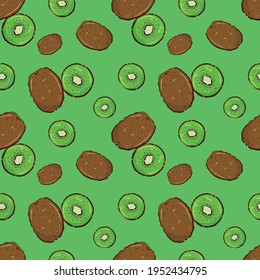 Fruit pattern. Ripe kiwi on a green background. Seamless vector background.