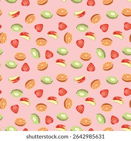 Fruit Pattern Seamless with Adorable Kawaii Slices of Apple Orange Kiwi and Strawberry Perfect for Textile or Stationery Designs.