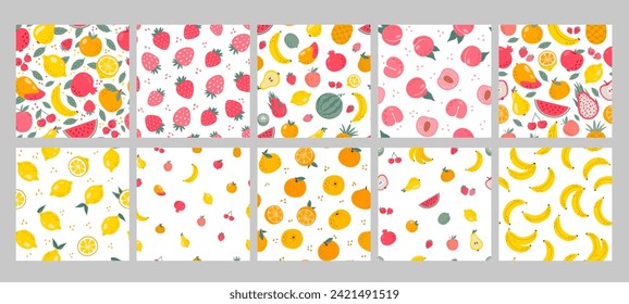 Fruit pattern. Seamless background with hand drawn fruit and berries. Trendy abstract print lemon, sweet peach, banana, tropical orange, season strawberry. Vector set. Organic food