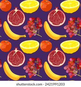 fruit pattern seamless. Fruits apples bananas pomegranate grapes lemon.