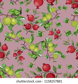Fruit pattern seamless. Garnet and apple tree. Vector stock.