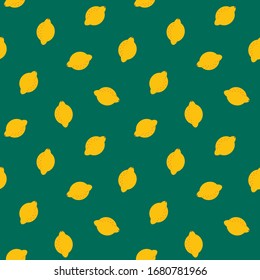 Fruit pattern. Seamless pattern of lemons in flat style on a dark green background. Vector 8 EPS.