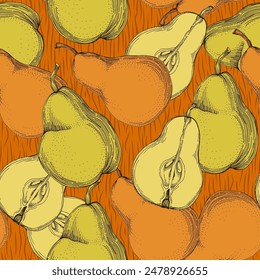 Fruit pattern. Seamless pattern of pears and leaves. Summer tropical vibe with fruits creates a seamless pattern for modern fabrics and textiles.