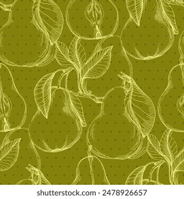 Fruit pattern. Seamless pattern of pears and leaves. Summer tropical vibe with fruits creates a seamless pattern for modern fabrics and textiles.
