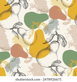 Fruit pattern. Seamless pattern of pears and leaves. Summer tropical vibe with fruits creates a seamless pattern for modern fabrics and textiles.