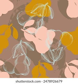 Fruit pattern. Seamless pattern of pears and leaves. Summer tropical vibe with fruits creates a seamless pattern for modern fabrics and textiles.