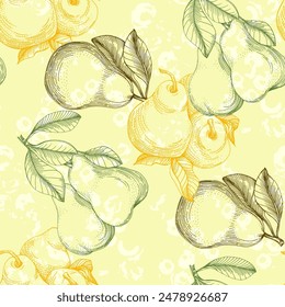 Fruit pattern. Seamless pattern of pears and leaves. Summer tropical vibe with fruits creates a seamless pattern for modern fabrics and textiles.