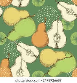 Fruit pattern. Seamless pattern of pears and leaves. Summer tropical vibe with fruits creates a seamless pattern for modern fabrics and textiles.