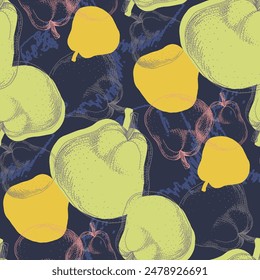 Fruit pattern. Seamless pattern of pears and leaves. Summer tropical vibe with fruits creates a seamless pattern for modern fabrics and textiles.