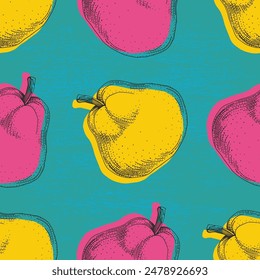 Fruit pattern. Seamless pattern of pears and leaves. Summer tropical vibe with fruits creates a seamless pattern for modern fabrics and textiles.