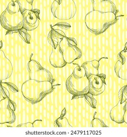 Fruit pattern. Seamless pattern of pears and leaves. Summer tropical vibe with fruits creates a seamless pattern for modern fabrics and textiles.