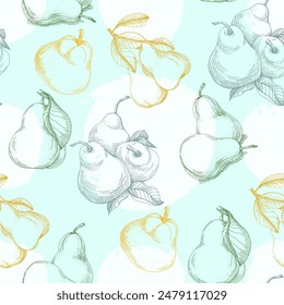 Fruit pattern. Seamless pattern of pears and leaves. Summer tropical vibe with fruits creates a seamless pattern for modern fabrics and textiles.