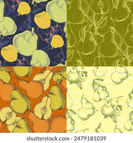 Fruit pattern. Seamless pattern of pears and leaves. Summer tropical vibe with fruits creates a seamless pattern for modern fabrics and textiles.