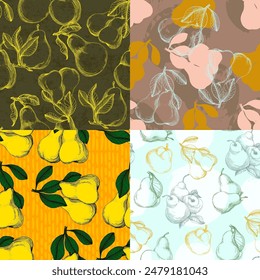 Fruit pattern. Seamless pattern of pears and leaves. Summer tropical vibe with fruits creates a seamless pattern for modern fabrics and textiles.