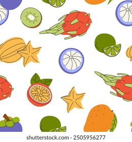 Fruit pattern. Seamless print, summer tropical food slices. Endless background design for wrapping paper, fabric, textile texture, kitchen wallpaper. Repeating printable flat vector illustration