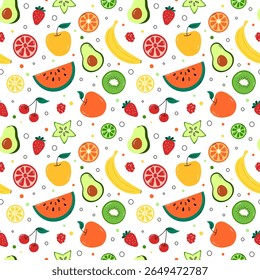 Fruit pattern. Seamless vector background with simple colorful fruits and berries, slices of lemon, kiwi, watermelon. Apples, strawberry, avocado and banana. Repeating summer food design, print
