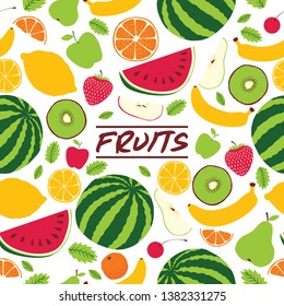 Fruit pattern seamless vector fruity background and fruitful exotic wallpaper with fresh slices of watermelon orange apples and tropical fruits illustration backdrop.