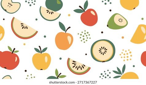 Fruit pattern showcase featuring whole and sliced apples in vibrant red, green, and orange colors on a white background.
