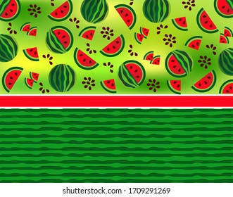 Fruit pattern of slices of watermelon, its seeds on an original background with a striped texture of watermelon.