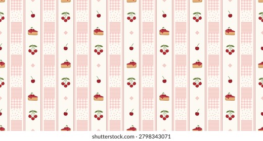 Fruit pattern with strawberries and cherries in pink and red colors for textile design and background