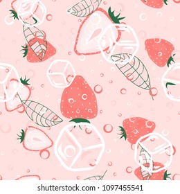 Fruit pattern with strawberries, ice cubes and mint leaves. Stylish background with berries for cloth, cover, plastic. Cold cocktail with strawberries. Freshness.