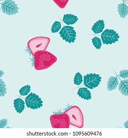 Fruit pattern with strawberries on a light background. Cut strawberries. Summer fruit pattern for covers, fabric, kitchen textiles.
