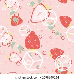 Fruit pattern with strawberries on a light background. Cut strawberries. Cold cocktail with strawberries. Summer fruit pattern for covers, fabric, kitchen textiles.