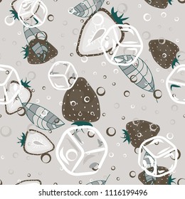 Fruit pattern with strawberries on a light background. Cut strawberries. Cold cocktail with strawberries. Summer fruit pattern for covers, fabric, kitchen textiles.