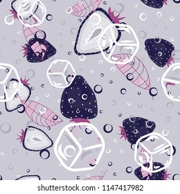 Fruit pattern with strawberries on a light background. Cut strawberries. Cold cocktail with strawberries. Summer fruit pattern for covers, fabric, kitchen textiles.