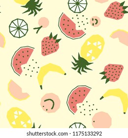 Fruit pattern with strawberries on a light background. Cut strawberries