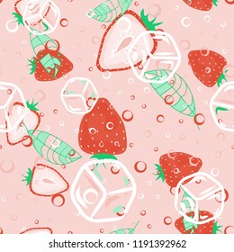Fruit pattern with strawberries on a light background. Cut strawberries. Cold cocktail with strawberries. Summer fruit pattern for covers, fabric, kitchen textiles.