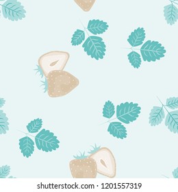 Fruit pattern with strawberries on a light background. Cut strawberries. Summer fruit pattern for covers, fabric, kitchen textiles.