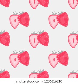 Fruit pattern with strawberries on a light background. Cut strawberries. Summer fruit pattern for covers, fabric, kitchen textiles.
