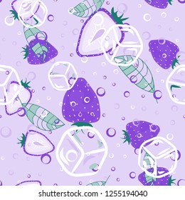 Fruit pattern with strawberries on a light background. Cut strawberries. Cold cocktail with strawberries. Summer fruit pattern for covers, fabric, kitchen textiles.