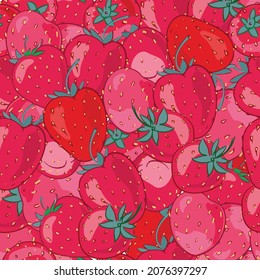 A fruit pattern of strawberries. Strawberry background, red berries, juicy summer textile background